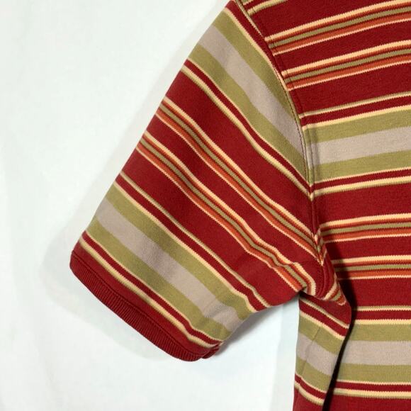 Y2K Red Olive Green Striped T-shirt Vintage Button Small Short Sleeve Top - Picture 4 of 8